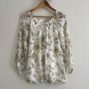 Italian Silk Floral Ivory Green Gray Muted Cottage Peasant Blouse Elastic Small